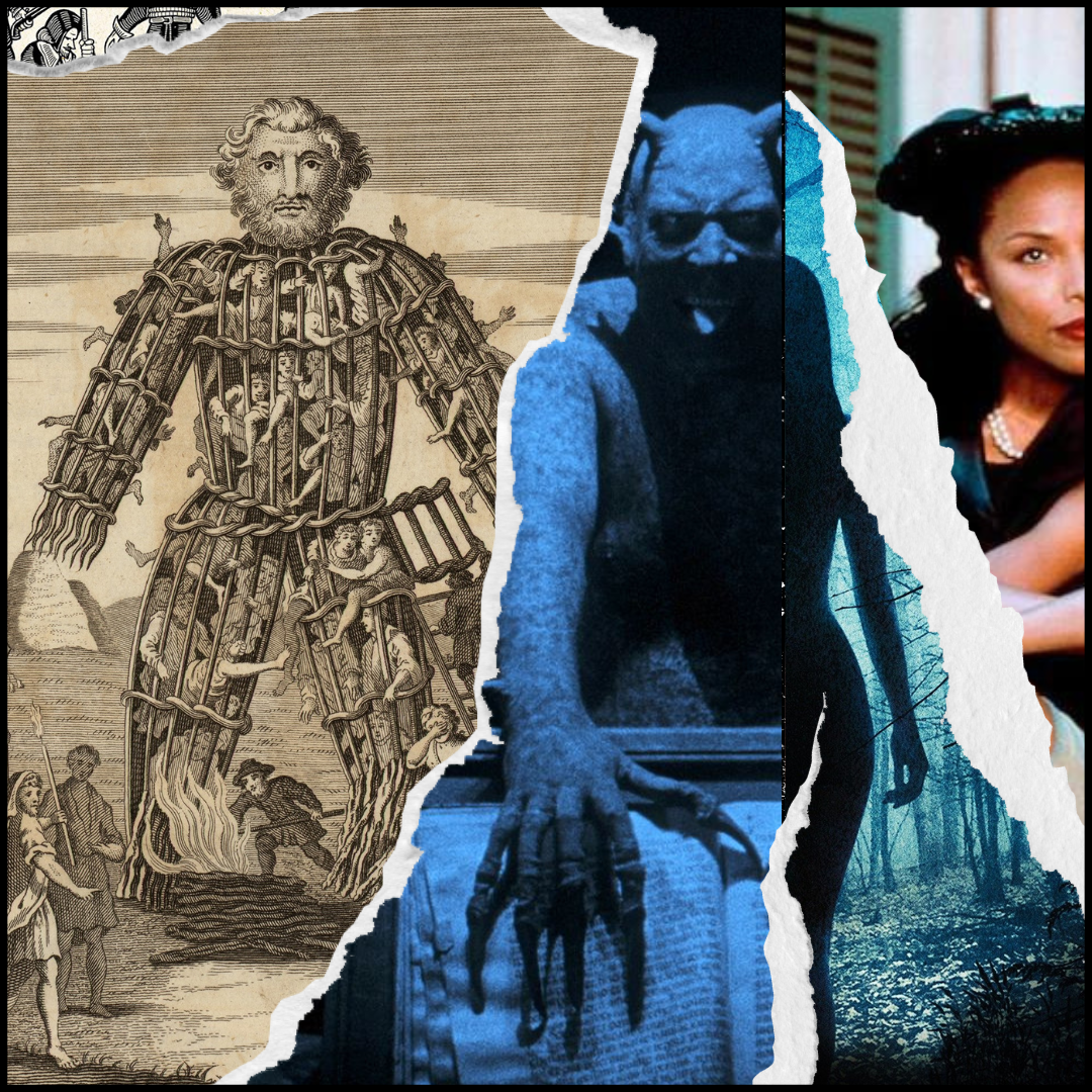 Image of folk horror classics: The Wicker Man, Haxan, The Witch, and Eve’s Bayou.