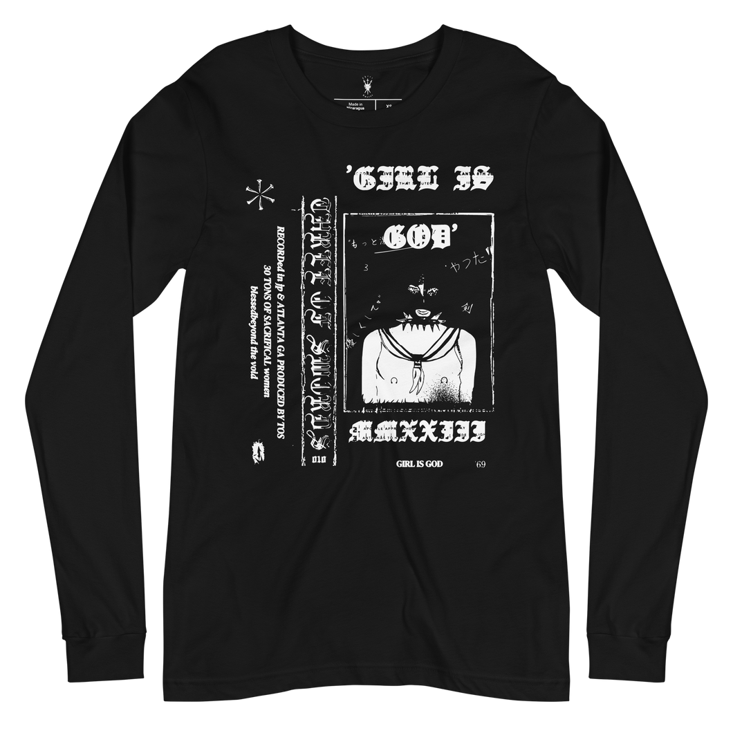 Black unisex long sleeve with a bold, white gothic graphic that includes alternative schoolgirls and accompanying text that says GIRL IS GOD and THREE OF SWORDS.