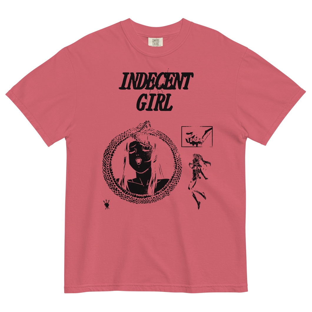 Dark pink unisex Comfort Colors tee with a bold, black alternative graphic of anime girls, snakes, and Asuka from anime series Neon Genesis Evangelion on the chest area.